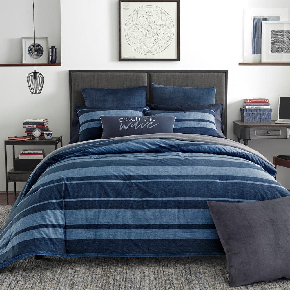 Long point 2-Piece Navy Blue Striped Cotton Twin/Twin X L Comforter Set
