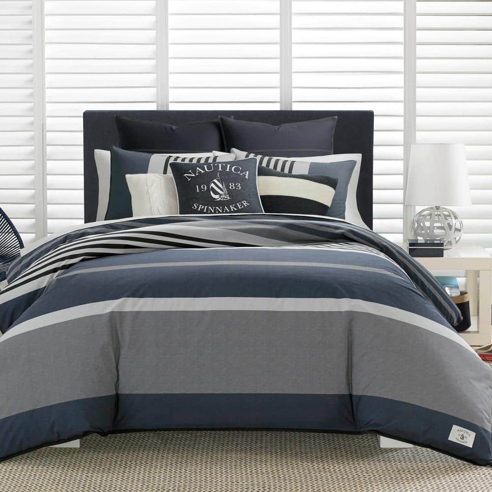 Rendon 3-Piece Charcoal Grey Striped Cotton Full/Queen Duvet Cover Set