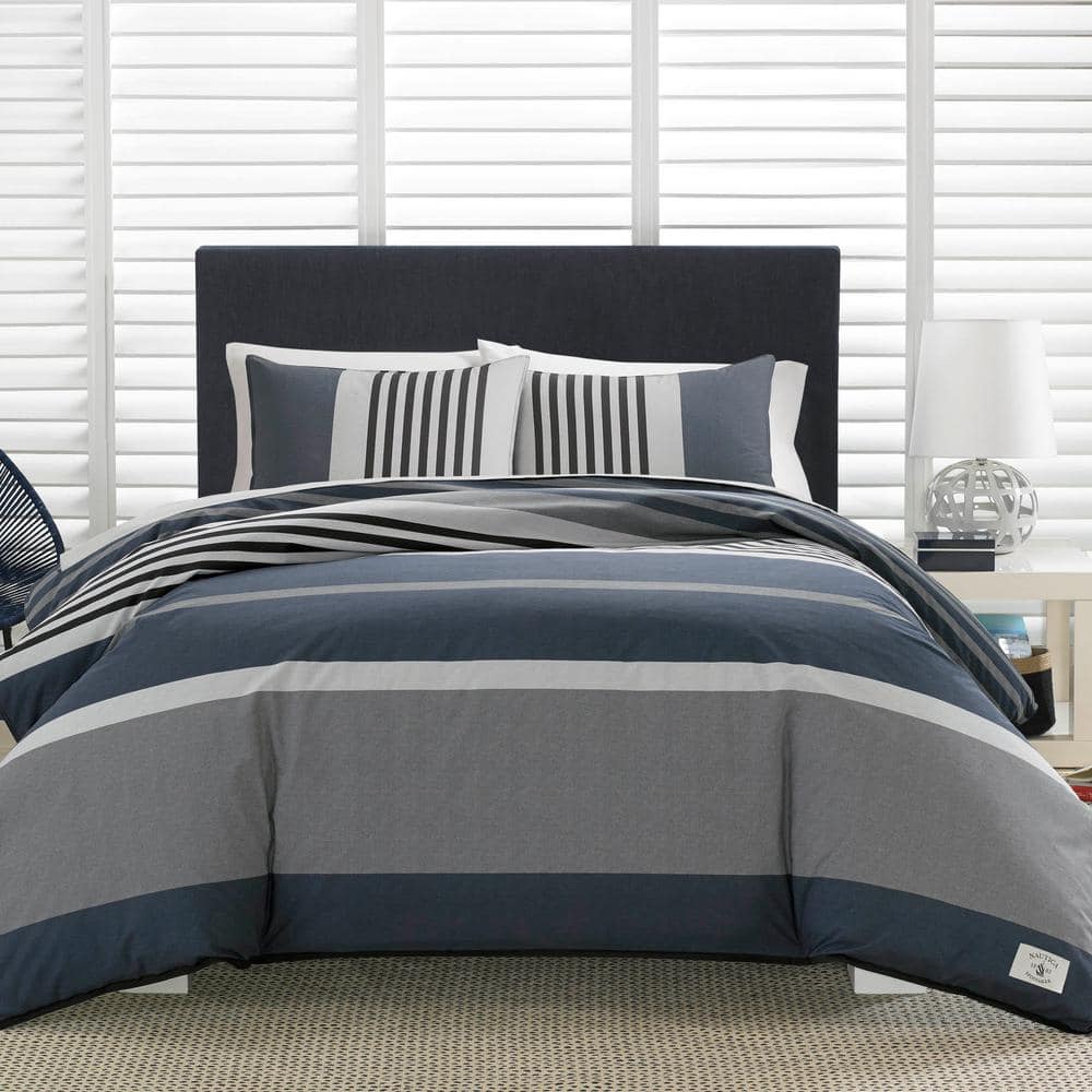 Rendon 3-Piece Charcoal Grey Striped Cotton Full/Queen Duvet Cover Set