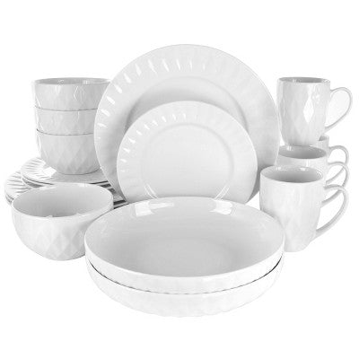 18pc Porcelain Sienna Dinnerware Set White - Elama: Solid Round Dish Set, Service for 4, Dishwasher-Safe