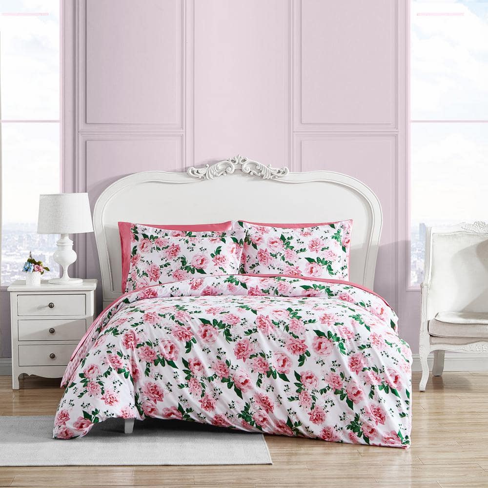 Blooming Roses 2-Piece Pink Microfiber Reversible Twin Duvet Set