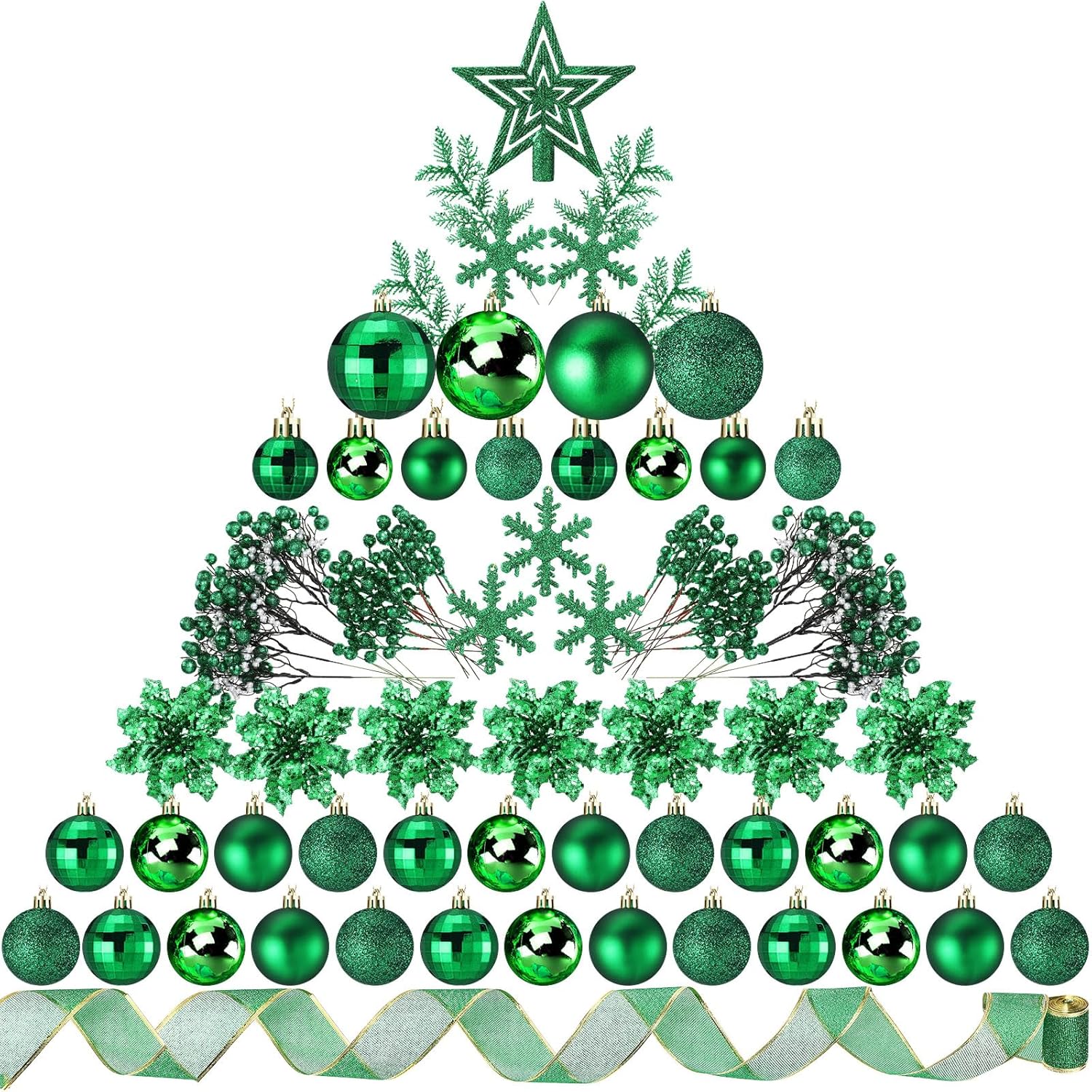 Sratte 94 Pcs Christmas Tree Decorations Set, Christmas Tree Ball Ornaments Glitter Poinsettia Flowers Decorations Glitter Berries Stems for Xmas Holiday Wedding(Green)