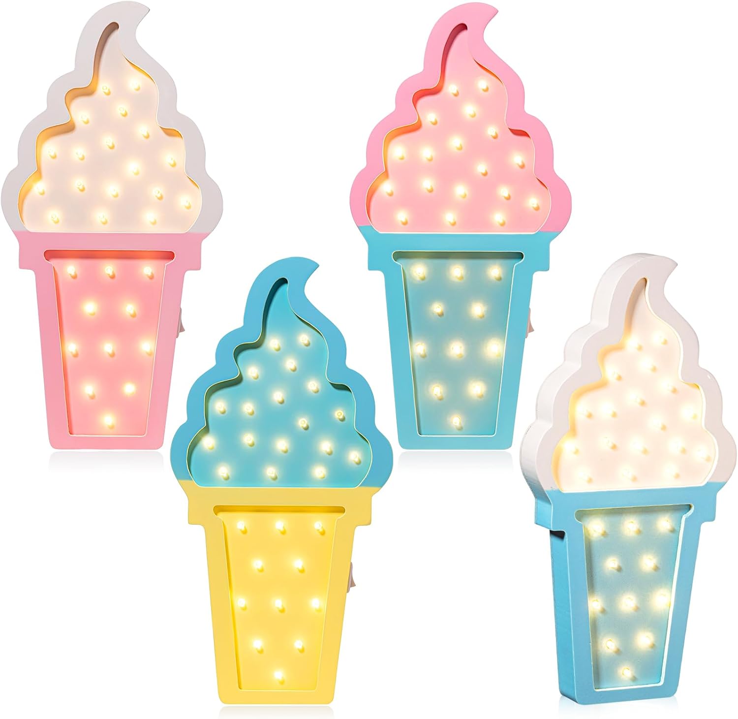 4 Pcs Ice Cream Night Party Decorations LED Lights, Wooden Wall Decor for Baby Showers, Ice Cream Truck Parties, Summer Birthday & Romantic Atmosphere Battery Operated Lamp Set