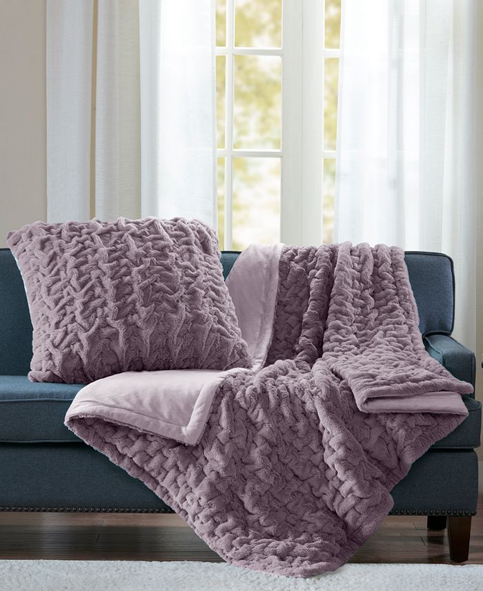 Madison Park Ruched Reversible Faux-Fur Throw, 50" x  60" - Purple - Throw