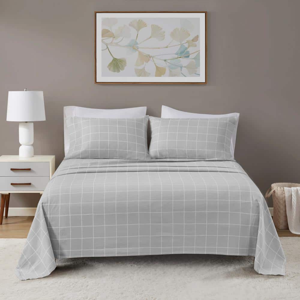 Oversized Cotton Flannel 4-Piece Grey Windowpane King Sheet Set