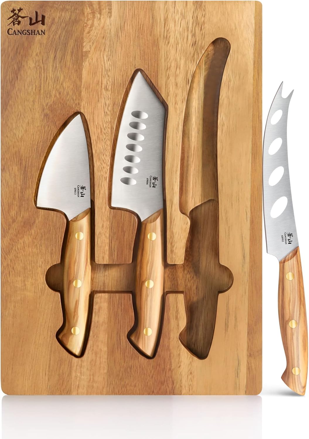 Cangshan 1027327 3-Piece Olive Wood Cheese Knife Set with Acacia Cheese Board