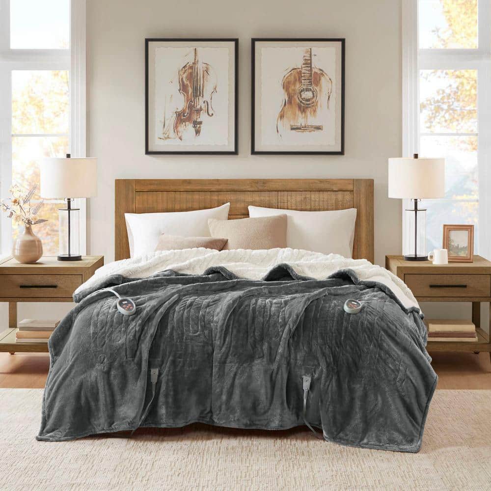 Heated Plush to Berber Grey Polyester Full Electric Blanket