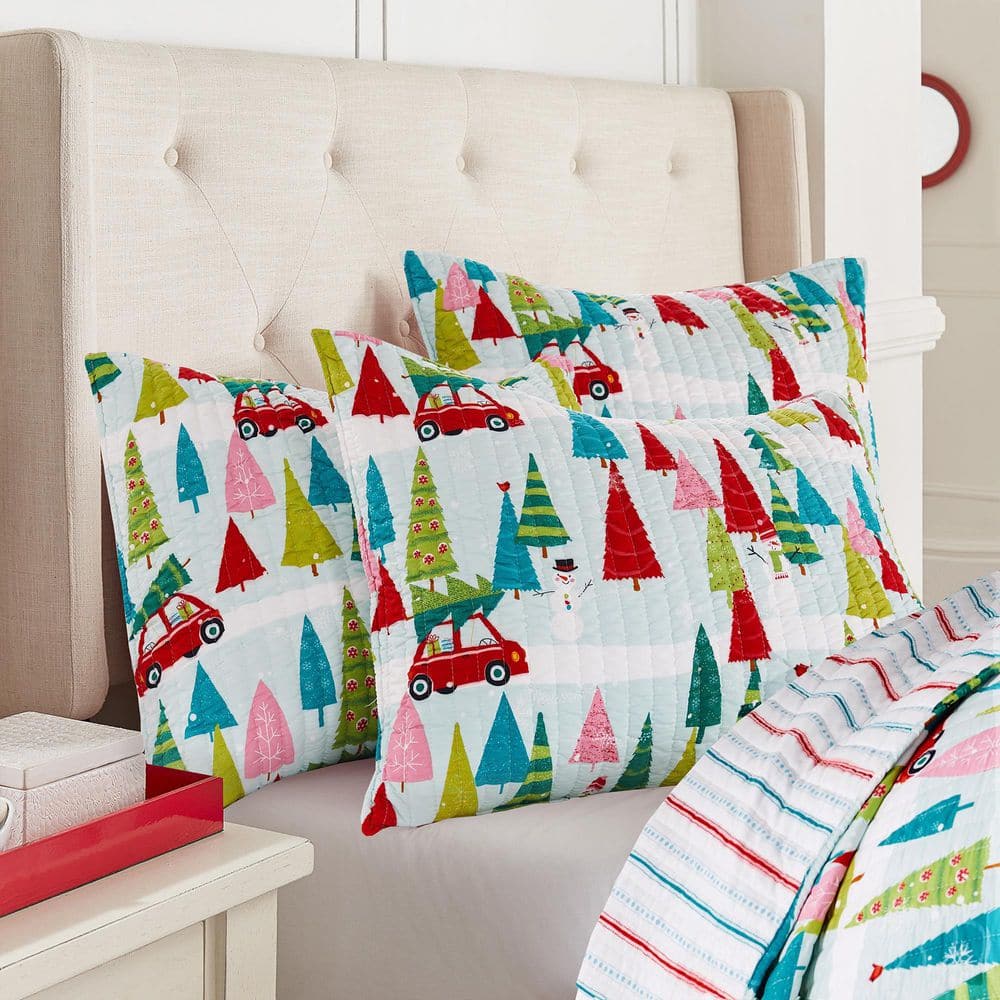 Merry and Bright Holly Jolly Multi-Color Christmas Trees Reversing to Stripes Full/Queen Microfiber Quilt