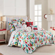 Merry and Bright Holly Jolly Multi-Color Christmas Trees Reversing to Stripes Full/Queen Microfiber Quilt