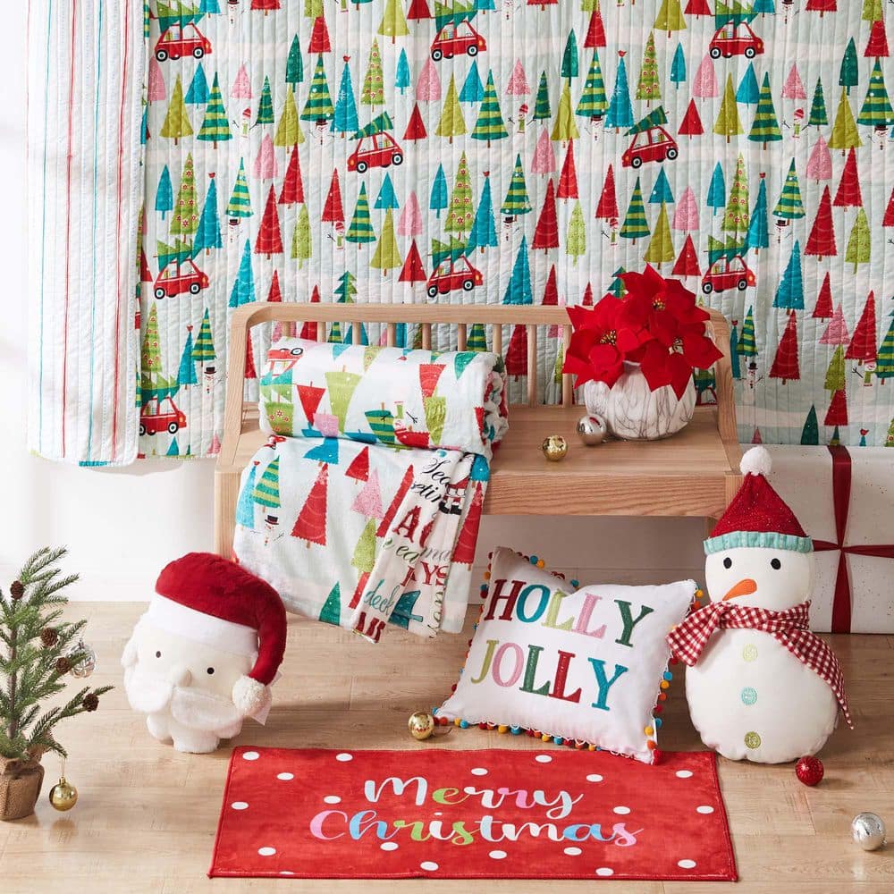 Merry and Bright Holly Jolly Multi-Color Christmas Trees Reversing to Stripes Full/Queen Microfiber Quilt