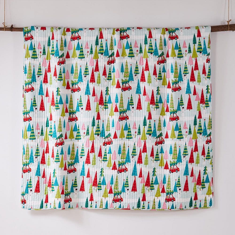 Merry and Bright Holly Jolly Multi-Color Christmas Trees Reversing to Stripes Full/Queen Microfiber Quilt