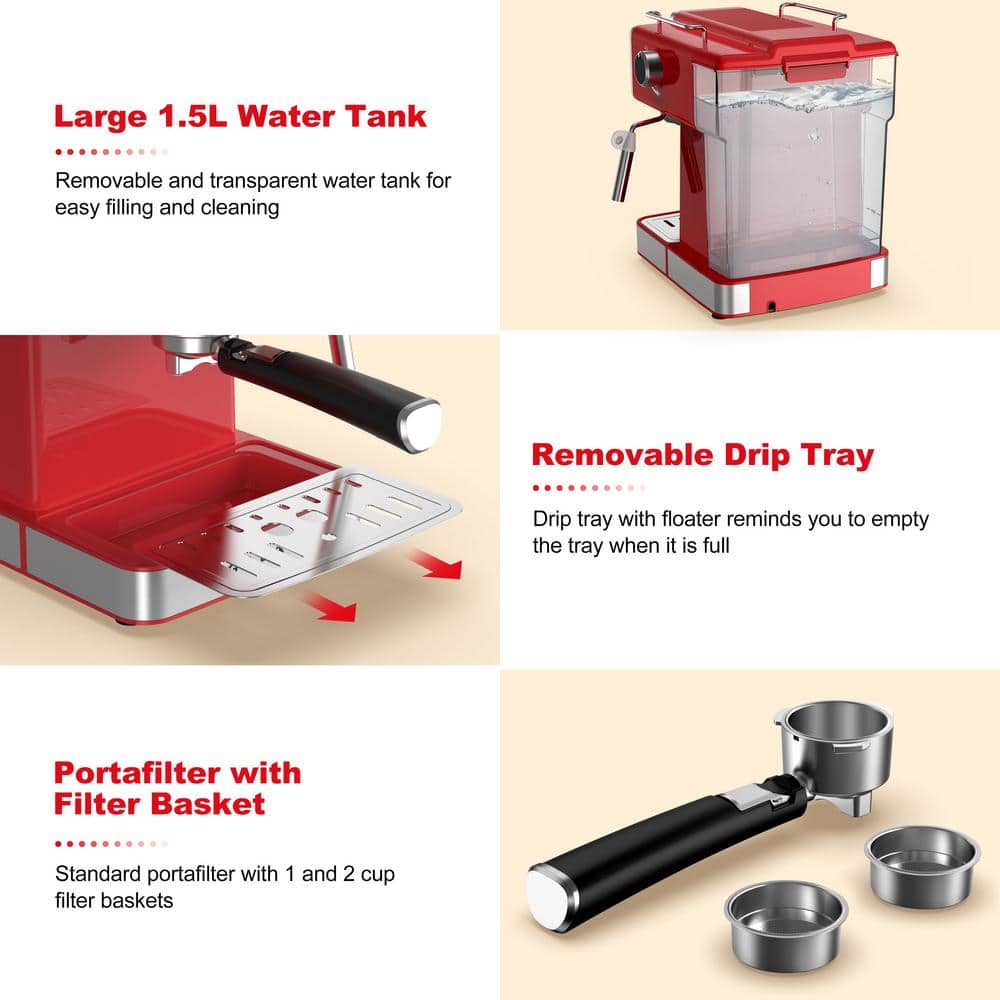 2-Cup Red Espresso Machine with Retro Design
