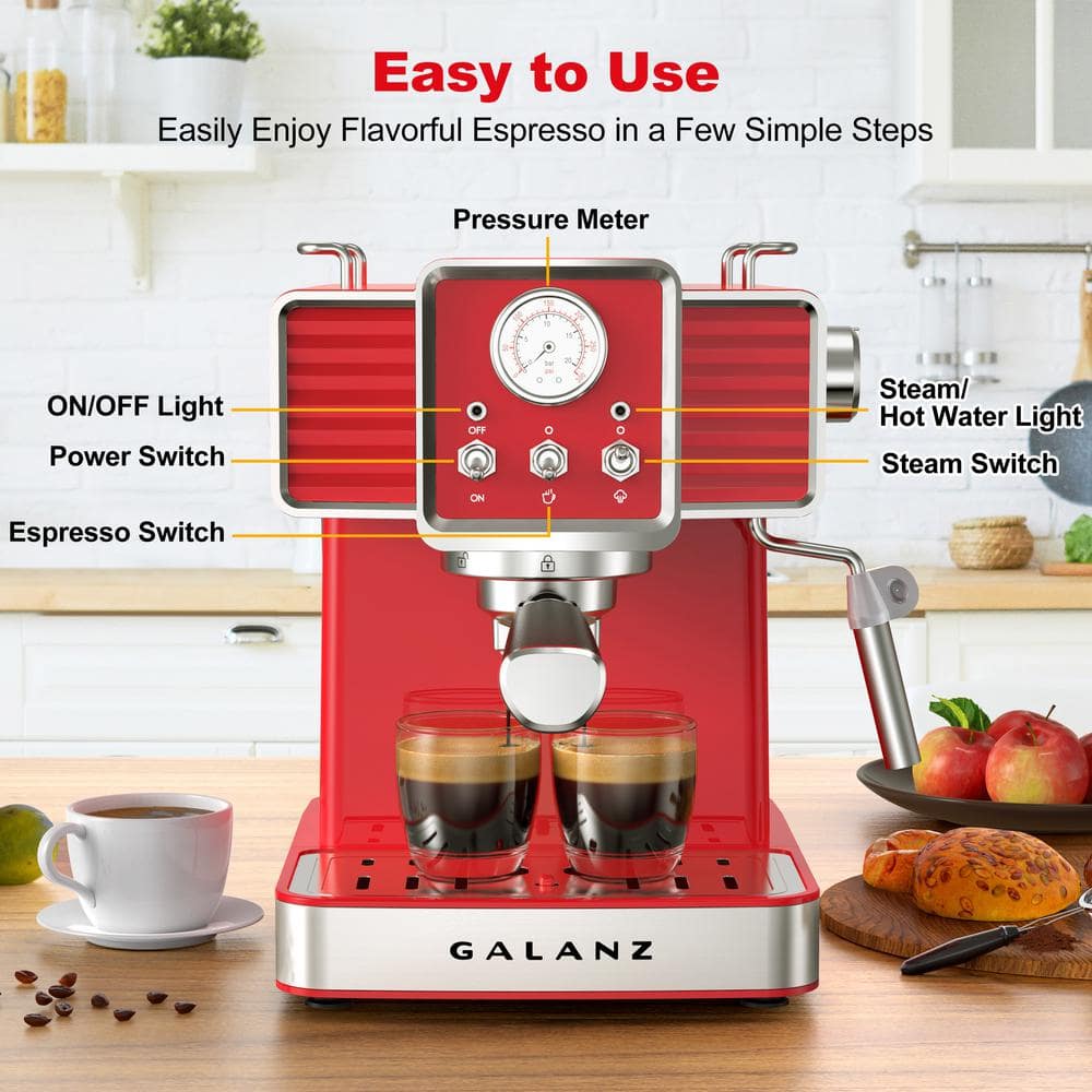 2-Cup Red Espresso Machine with Retro Design