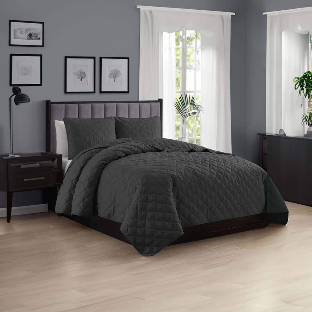 Swift Home All-Season 2-Piece Dark Gray Solid Color Microfiber Twin/Twin XL Quilt Set