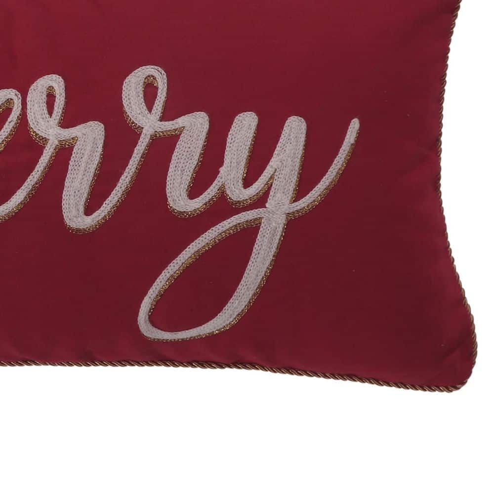 Yuletide Red White Gold Embroidered "Merry" 12 in. x 24 in. Throw Pillow