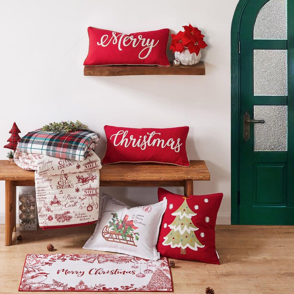 Yuletide Red White Gold Embroidered "Merry" 12 in. x 24 in. Throw Pillow