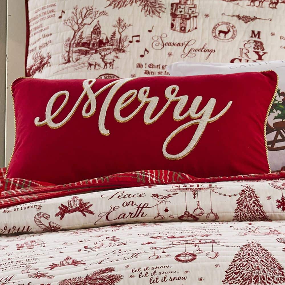Yuletide Red White Gold Embroidered "Merry" 12 in. x 24 in. Throw Pillow