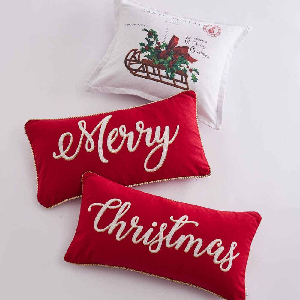 Yuletide Red White Gold Embroidered "Merry" 12 in. x 24 in. Throw Pillow