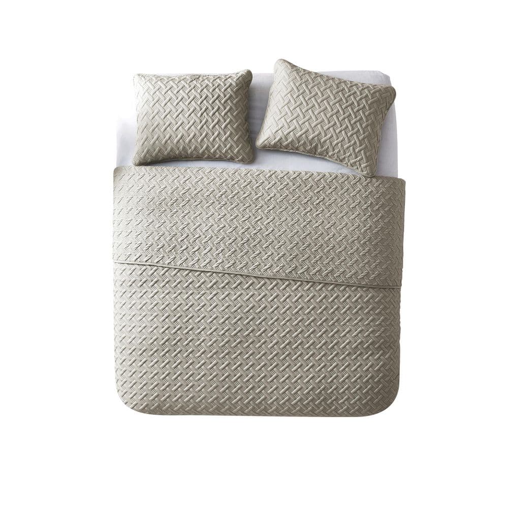 Nina Embossed 3 Piece Taupe Basketweave Microfiber Full/Queen Quilt Set