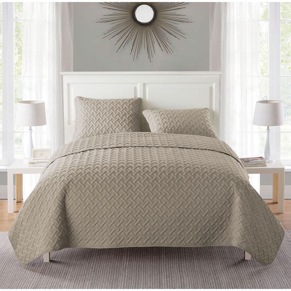 Nina Embossed 3 Piece Taupe Basketweave Microfiber Full/Queen Quilt Set