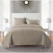 Nina Embossed 3 Piece Taupe Basketweave Microfiber Full/Queen Quilt Set