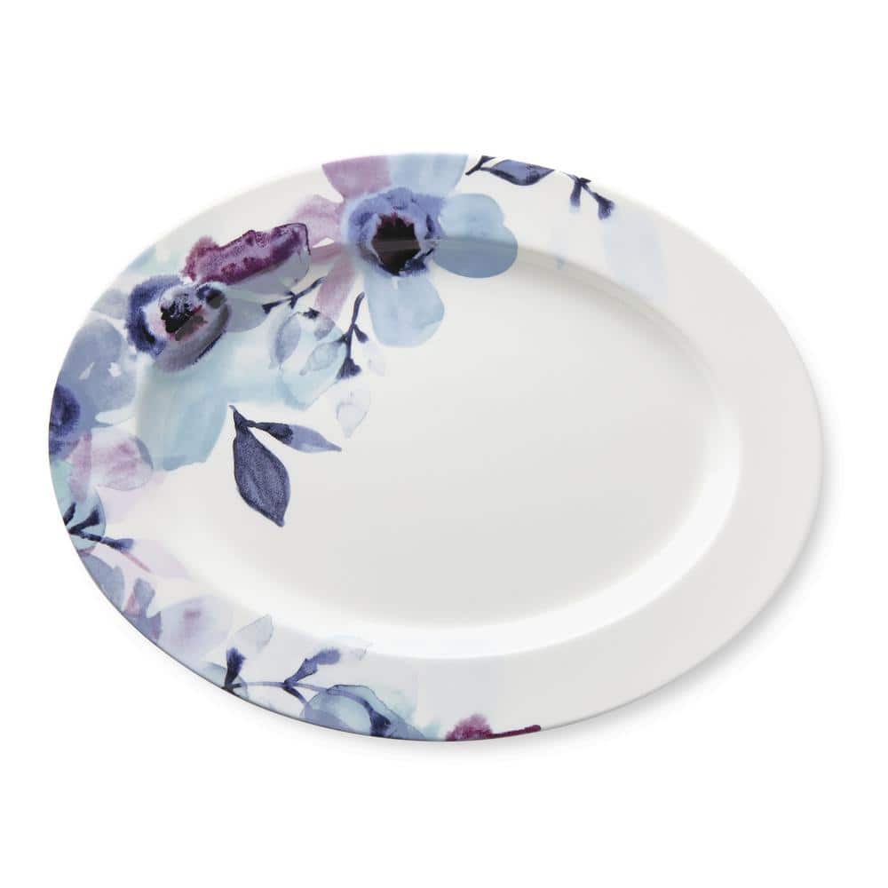 16 in. Indigo Watercolor Floral Oval Platter