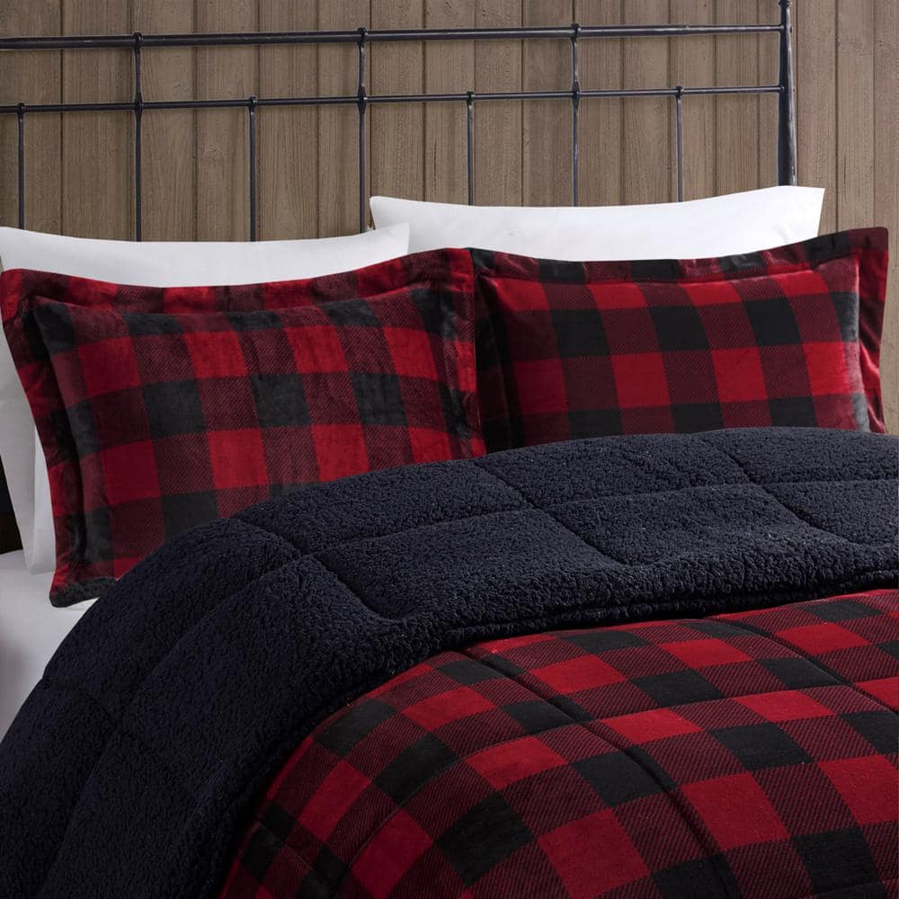 Alton Polyester Red/Black Buffalo Check Full/Queen Berber Comforter Set