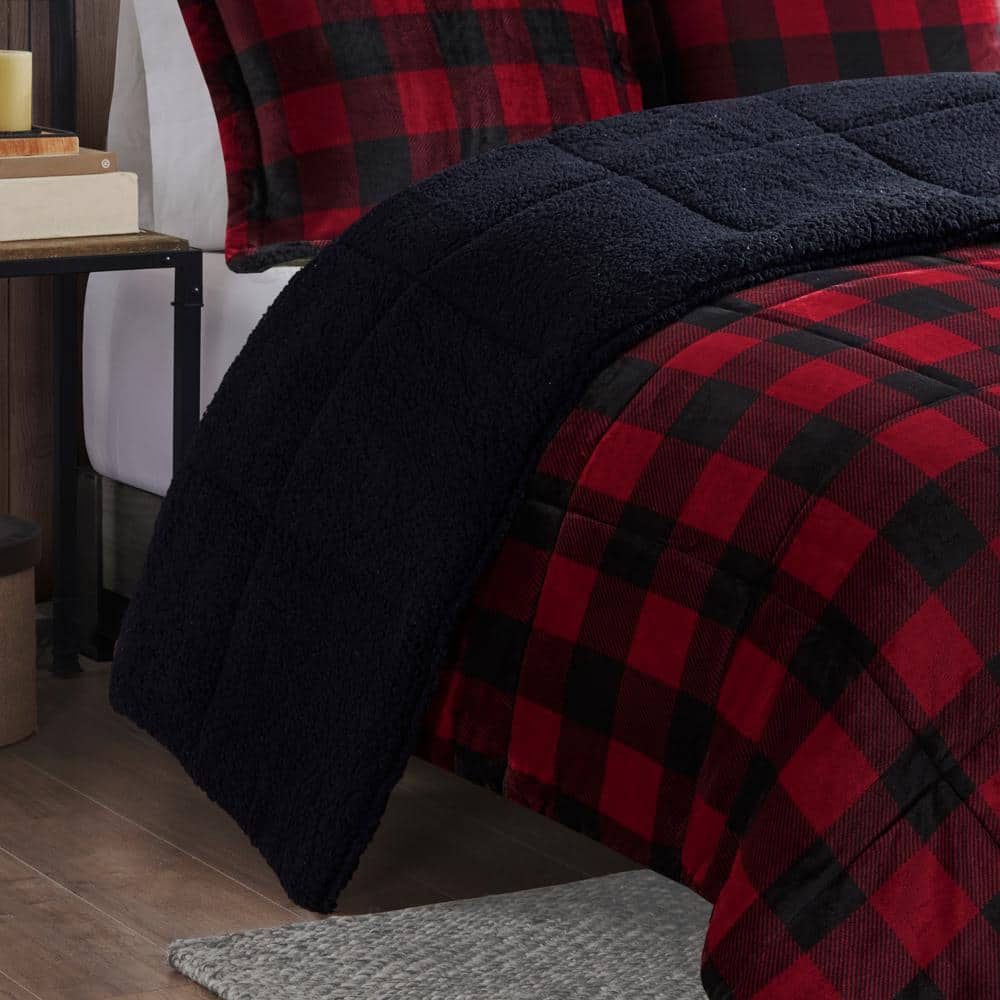Alton Polyester Red/Black Buffalo Check Full/Queen Berber Comforter Set