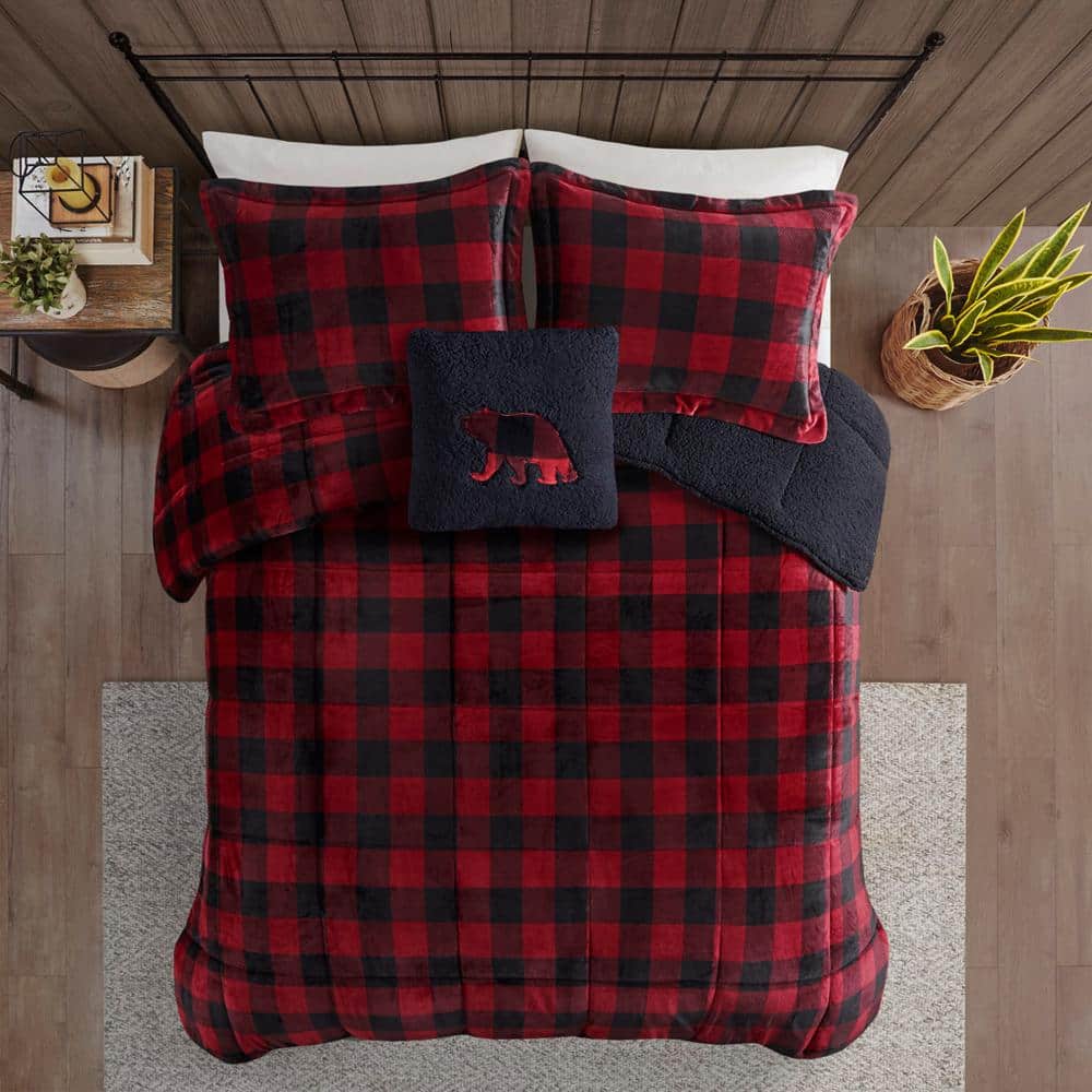 Alton Polyester Red/Black Buffalo Check Full/Queen Berber Comforter Set
