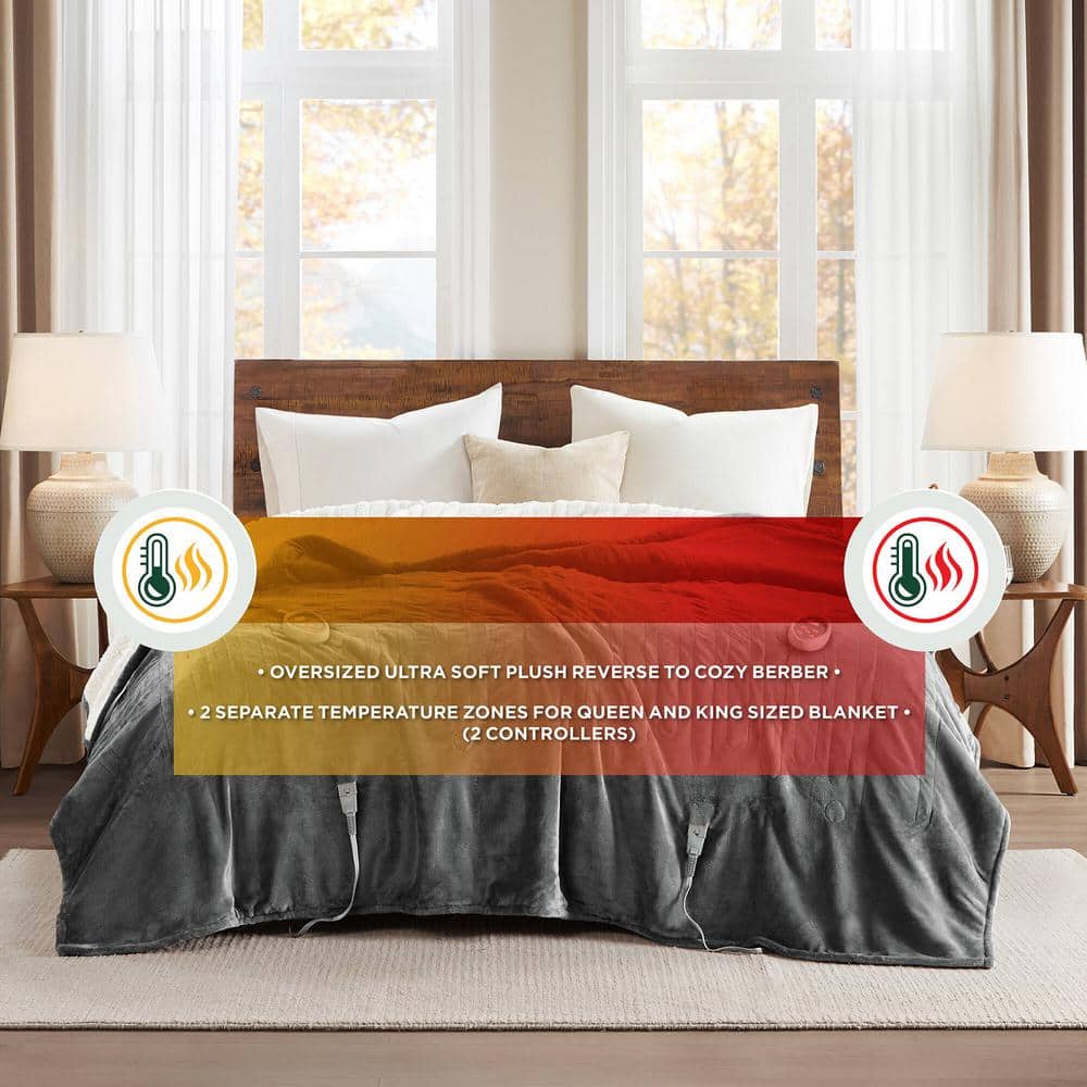 Woolrich Heated Plush to Berber Grey Polyester Full Electric Blanket